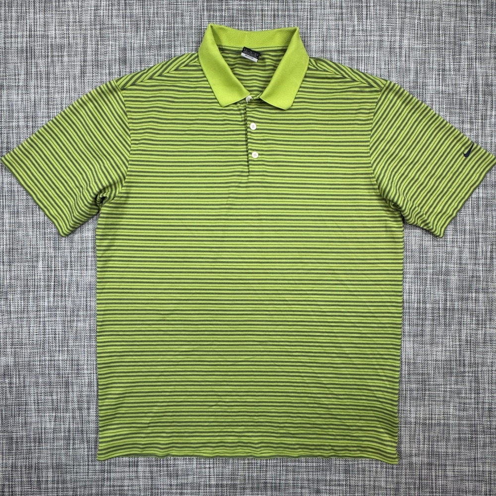 Nike Golf Mens XL Green Striped Dri-FIT UV Polo Shirt Short Sleeve Polyester